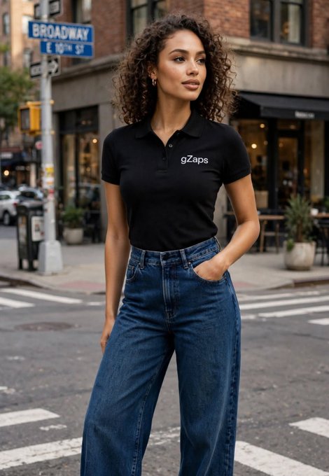 A woman with curly hair wearing a black polo shirt with "gZaps" written on it and wide-leg blue jeans stands on a city street near a "BROADWAY E 10TH ST" sign.