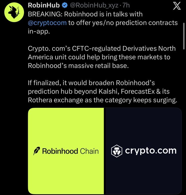 A tweet from RobinHub (@RobinHub_xyz) reports breaking news that Robinhood is in talks with @cryptocom to offer yes/no prediction contracts in-app, leveraging Crypto.com's CFTC-regulated Derivatives North America unit to expand its prediction hub beyond Kalshi and ForecastEx, with logos for Robinhood Chain and Crypto.com shown side by side.

The image supports the accompanying post by illustrating the emerging Robinhood–Crypto.com partnership, which contextualizes the $CASHCAT listing on Crypto.com and its popularity on Robinhood Chain.