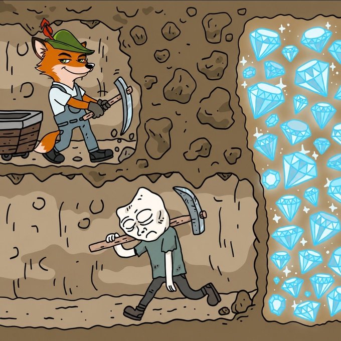 The cartoon shows a fox miner in overalls and a green cap diligently pickaxing through a rocky cave wall with a cart nearby, while below, a weary human miner trudges forward carrying his pickaxe, as a glittering wall of blue diamonds is revealed on the right—illustrating the post's message that $FOX holders who endure the grind through the "trenches" will ultimately uncover the real rewards.