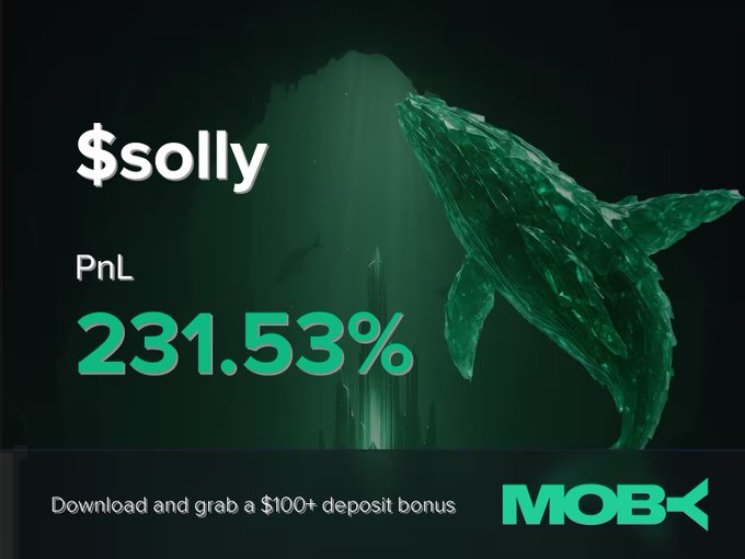 A promotional graphic for Moby Mobile displays a "Win Alert" for trader "$solly," featuring a large green PnL figure of "231.53%" alongside a crystalline green whale image, advertising a "$100+ deposit bonus" for app downloads.