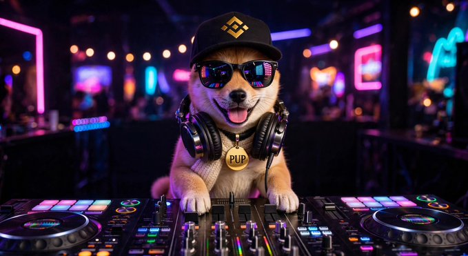 A digital illustration shows a Shiba Inu dog wearing a black cap, blue reflective sunglasses, and headphones with a "PUP" tag, standing behind DJ mixing equipment in a vibrant, neon-lit nightclub.