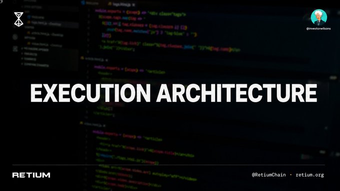 A dark-themed presentation slide titled 'EXECUTION ARCHITECTURE' with code visible in the background, branded with 'RETIUM' and '@RetiumChain · retium.org'.