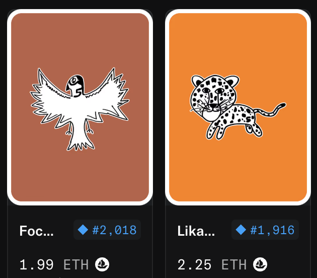 Two VeeFriends NFT trading cards are displayed side by side, featuring a white dove ("Foc..." #2,018) on a brown background priced at 1.99 ETH and a cheetah ("Lika..." #1,916) on an orange background priced at 2.25 ETH, presenting the classic "hawk vs. dove" or "gentle vs. fierce" choice that defines VeeFriends' spirit animal collectibles.