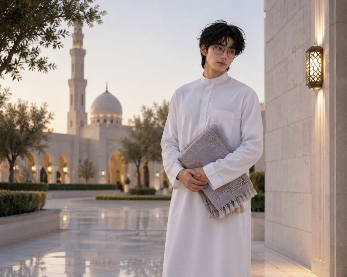 Portrait of a young man with glasses wearing a traditional white thobe, holding an ornate silver and white prayer rug, posed in a courtyard with a grand white mosque and minaret in the background.
