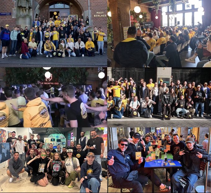 The image consists of multiple photos featuring a large group of people posing for pictures, with some wearing yellow shirts. The photos are arranged in a collage format, showcasing various moments from the gathering. One photo captures a group of men standing together, while another depicts them sitting around a table. A third photo shows a man giving a thumbs-up gesture to his friends.

The post includes text that reads "They put the entire stock market into a teeny tiny crypto coin I know crazy right? And it's called #SPX6900". This suggests that the collage is related to a specific event or gathering, possibly involving cryptocurrency or stock trading. The collage serves as a visual representation of the group's experience and camaraderie during this occasion.