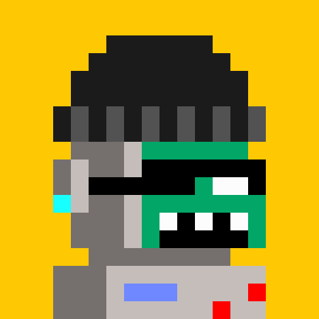 A pixel art illustration of a gray robot-like character with a black beanie, green visor, and exposed teeth against a yellow background.