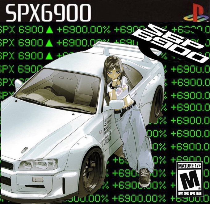 An anime-style PlayStation 1 cover art titled "SPX6900" featuring a girl leaning against a white sports car with a stock ticker background displaying "SPX 6900" and "+6900.00%" gains, marked with ESRB Mature 17+ rating.