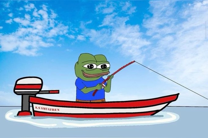 A digital illustration of the Pepe the Frog meme character wearing a blue shirt, smiling while fishing from a red and white boat labeled 'S.S SMUGREN' on the open water under a cloudy blue sky.