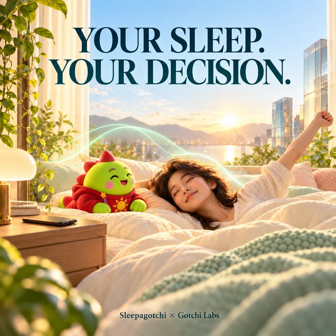 A woman smiles peacefully in bed next to a smiling green and red plush creature, with the text "YOUR SLEEP. YOUR DECISION." above and "Sleepagotchi × Gotchi Labs" below. The image illustrates the caption's message by showing the direct owner of their own sleep data—the sleeper themselves—embodying the idea that sleep wellness data should first and foremost benefit the person who lived it.