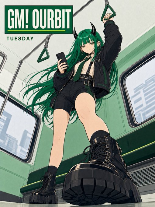 An anime-style illustration of a green-haired character with horns in a subway car, labeled 'GM! OURBIT TUESDAY'.
