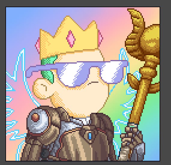 A pixel art illustration depicts a regal cartoon character with green hair, oversized purple sunglasses, a golden crown with pink gems, ornate armor, and a golden staff, set against a vibrant gradient rainbow background. The image likely represents an honorary NFT from Fabled Chronicle, serving as a visual flex to celebrate the crypto/NFT community.