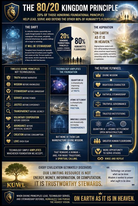 A futuristic infographic detailing "The 80/20 Kingdom Principle," which posits that 20% of foundational principles (technology, quantum AI, atomic settlement) uphold 80% of humanity's flourishing, with a call for divine stewardship to manifest "On Earth as it is in Heaven."