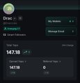 A dark-themed Ethereum address tracker page for 'Drac' showing a wallet balance of 147.18 ETH and 12 smart followers.