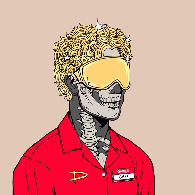 An anime-style illustration of a skeleton character named 'Gary' wearing a red uniform shirt with a 'P' logo and 'OWNER GARY' name tag, sporting curly blonde hair and yellow ski goggles.