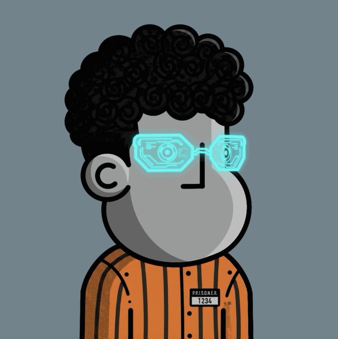A cartoon illustration of a prisoner in an orange jumpsuit labeled 'PRISONER 1234' wearing futuristic cyan digital glasses, with a curly black afro hairstyle.