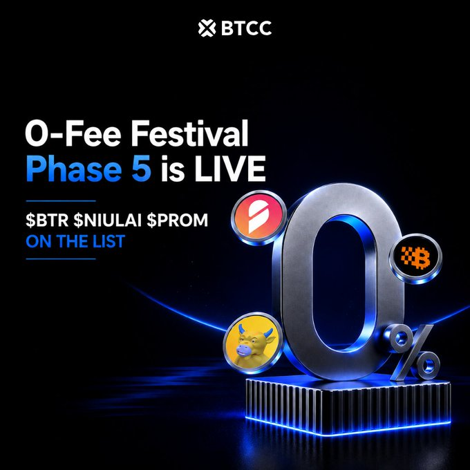 A BTCC cryptocurrency exchange advertisement announces "0-Fee Festival Phase 5 is LIVE" featuring $BTR, $NIULAI, and $PROM tokens around a large 3D "0%" graphic.