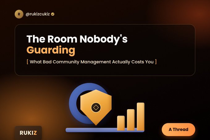 A social media post from @rukiczukiz titled 'The Room Nobody's Guarding: What Bad Community Management Actually Costs You' with an illustration of a shield and bar chart.