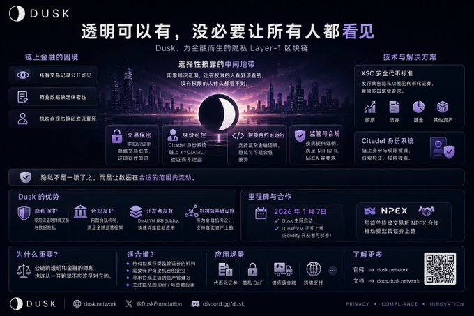 An infographic in Chinese about Dusk, a Layer-1 blockchain designed for financial privacy, featuring sections on encryption technology, advantages, milestones, and applications, with mentions of NPEX and Citadel.