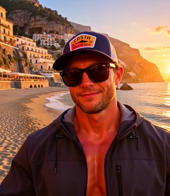 A man wearing a "COSTA 03" cap and sunglasses poses against a stunning sunset beach backdrop with coastal cliffs. The "Good vibes check" post ties into the image's relaxed, aspirational lifestyle vibe, encouraging followers to choose their priority—Health, Learning, Happiness, or Success—along with the $TBB ticker.