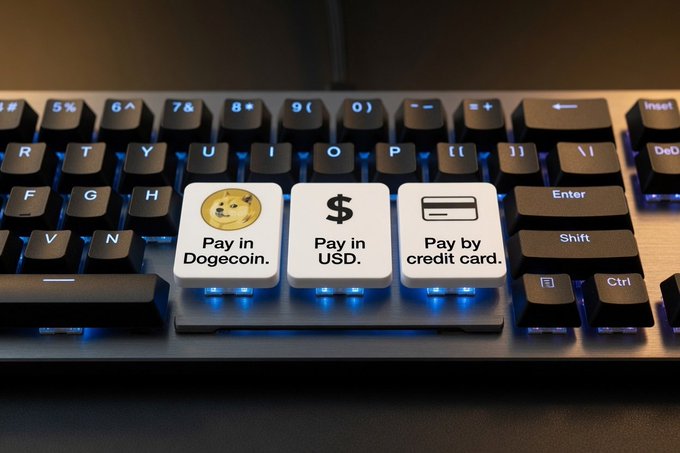 The image shows a computer keyboard with three buttons, each displaying different payment options for a cryptocurrency called Dogecoin. One button has a dollar sign symbol, another one displays a credit card icon, and the third button features a PayPal logo. The text "Pay in Dogecoin" is also present on the keyboard. This suggests that the image might be related to promoting or discussing the use of Dogecoin as an alternative payment method for online transactions.