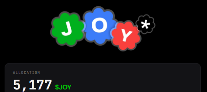 A digital interface displaying the JOY logo with three colorful flower shapes (green J, blue O, red Y) alongside an allocation of 5,177 $JOY tokens.