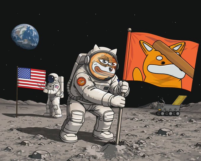 A cartoon illustration depicts a Shiba Inu dog in an astronaut suit planting a flag with the dog's face on the moon, with an American flag and Earth visible in the background.