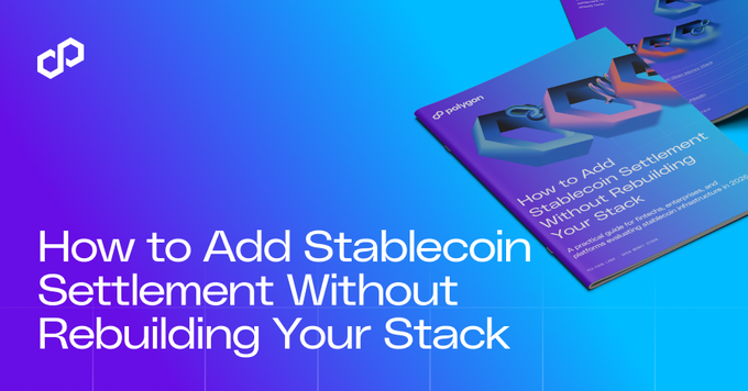 The image shows two stacks of books, one blue and one purple, placed next to each other with a title that reads "How to Add Stablecoin Settlement Without Rebuilding Your Stack". The text also mentions that most payment stacks were not built for real-time finality or weekend payouts, but the fix isn't a rebuild.