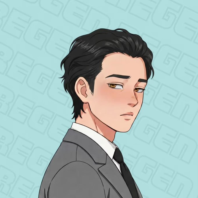 An anime-style illustration of a young man with dark hair in a grey suit looking back over his shoulder against a teal patterned background.