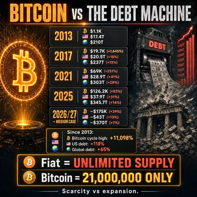Infographic titled 'BITCOIN vs THE DEBT MACHINE' comparing Bitcoin price growth against US debt and global debt from 2013 to 2026/27, highlighting that Bitcoin has a fixed supply of 21,000,000 while fiat has unlimited supply, with 'Scarcity vs expansion.' at the bottom.