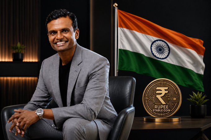 A man in a gray suit sits smiling beside a large Indian flag and a golden "Rupee Stablecoin" coin, illustrating the article's call for a domestic rupee-backed stablecoin to reduce India's 99% exposure to dollar-linked cryptocurrencies like USDT and USDC.