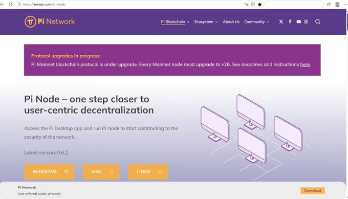 The image shows the official Pi Network Node download page (minepi.com/pi-node/) featuring version 0.6.2, with download options for Windows, Mac, and Linux, and an announcement about protocol upgrades to v26.

The image relates to the post by displaying the Pi Node software, the very platform that would support the decentralized applications (DApps) discussed, including potential data tools and ecosystem DApps being developed for the Pi Network.