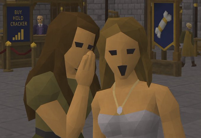 A screenshot from a low-poly 3D video game showing two blocky female characters whispering to each other, with a 'BUY HOLD CRACKER' stock chart sign and a firework sign visible in the background.