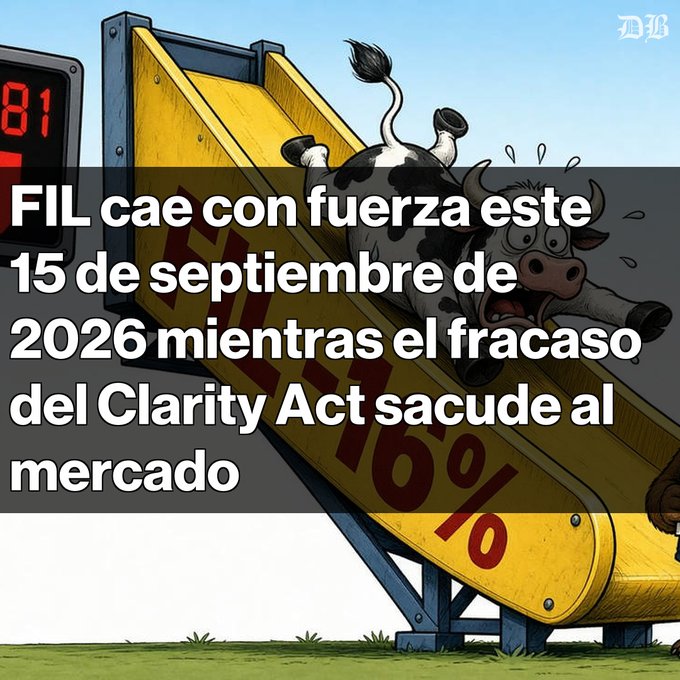 A Spanish-language crypto news graphic showing a cartoon cow sliding down a yellow chute marked "11%," with text reporting that FIL fell sharply on September 15, 2026, as the Clarity Act failure shook the market.