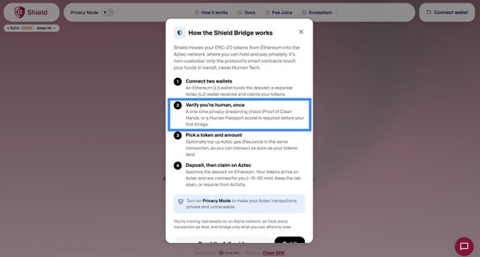 A screenshot of the Shield app showing a pop-up modal titled "How the Shield Bridge works," with the second step "Verify you're human, once" highlighted with a blue rectangle.
