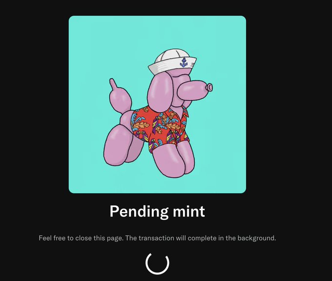 The image displays a pending transaction screen with the text "Pending mint" and a cartoon pink poodle character wearing a sailor hat and floral shorts. The message below reassures users that closing the page won't disrupt the transaction, tying into the post's promotion of adopting a Poodle NFT at a lowered mint price due to Ethereum's dip.