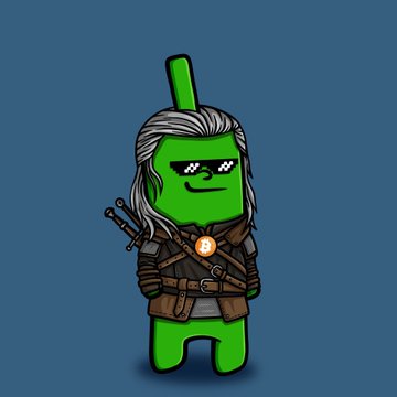 A cartoon illustration of a green Android-style character dressed as a Witcher, complete with white hair, leather armor, a sword, and a Bitcoin medallion.