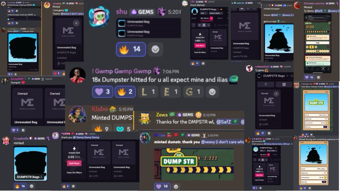 A collage of Discord screenshots from the "DUMPSTR" channel by Alpha Gems shows multiple members minting "Dumpster" NFTs by CyberKongz, with visible messages like "Minted DUMPS" by Klabo at 2 SOL, thanks for the DUMPSTR wl, and "Thanks @vonny I don't care who," alongside reactions and mint counts confirming the team's successful mint event referenced in the post.
