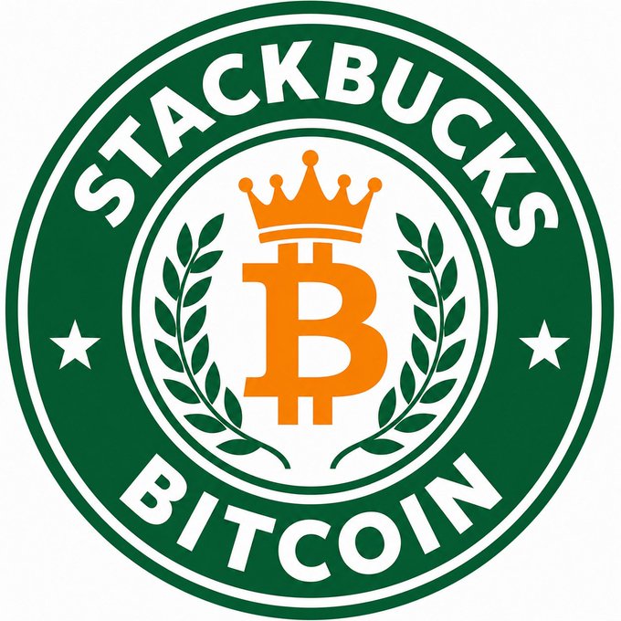 A green circular logo designed like Starbucks reads 'STACKBUCKS BITCOIN' with an orange Bitcoin symbol topped by a crown.