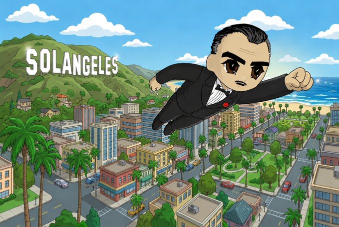 A chibi-style man in a black suit soars over the Hollywood Sign, which is humorously altered to read "SOLANGELES" in the same iconic font. The vibrant Los Angeles cityscape below ties into the post's reference to the $SOLANGELES ticker, playfully rebranding the city.