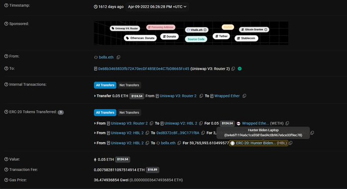 A blockchain transaction detail page showing a 1612-day-old transaction from 'belito.eth' involving Uniswap V3 Router 2, including transfers of 0.05 ETH ($124.54), WETH swaps, and ERC-20 token transfers (HBL2, Hunter Biden, HBL), with transaction fee of $18.89 and gas price of 36.474936854 Gwei.