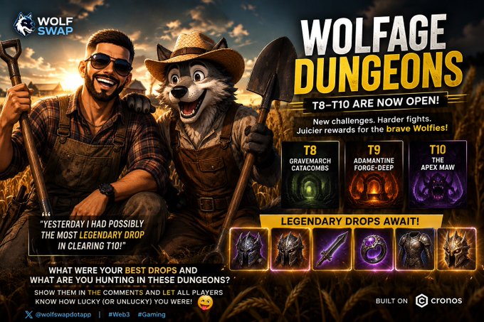 A promotional graphic for WolfSwap's "Wolfage Dungeons" (T8–T10) featuring an animated farmer and wolf mascots with legendary loot drops like Gravemarch Catacombs, Adamantine Forge-Deep, and The Apex Maw, tying into the post's highlight of WolfSwap expanding beyond swaps into gaming, NFTs, and ecosystem experiences for the "Wolfies" community.