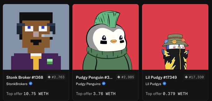 The image shows three Pudgy Penguin NFT profile cards: "Stonk Broker #1368" (top offer 10.75 WETH), "Pudgy Penguin #3..." (top offer 3.76 WETH), and "Lil Pudgy #17349" (top offer 0.379 WETH), illustrating the user's collection growth from a starter Lil Pudgy to a premium Stonk Broker purchased for 12 ETH.