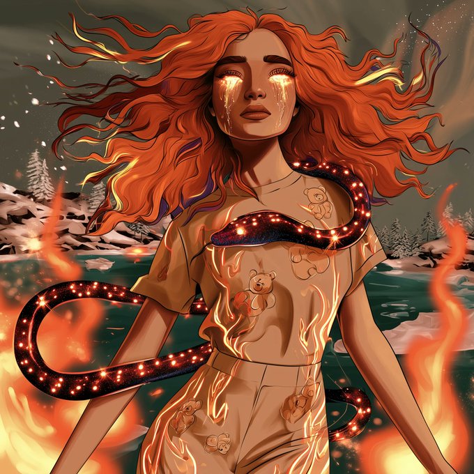 A digital artwork depicts a woman with flowing red hair and glowing golden tears, wearing a bear-patterned shirt, with a cosmic snake wrapped around her amid flames and a winter landscape.