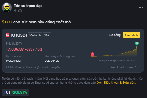 A Binance trading post showing the $TUTUSDT pair with a -7,036.87 (-3857.45%) loss, posted by 'Tôn sư trong đạo', with a 209.81% gain shown at the bottom.