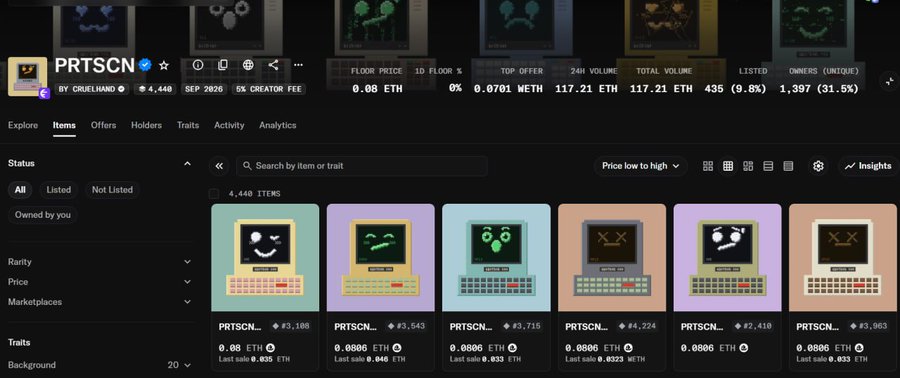 Screenshot of an NFT marketplace showing the PRTSCN collection by @cruelhand, displaying stats including a 0.08 ETH floor price, 0% floor change, and 117.21 ETH total volume across 435 listed items (9.8%), with a 1,397 unique ownership rate (31.5%). The post reflects on missing the free mint after it gained traction, noting associates minted 200-300 NFTs profitably, prompting the search for information about the collection's hype and current public mint status.