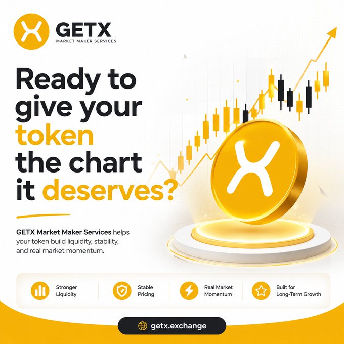 A marketing advertisement for GETX Market Maker Services, featuring the text 'Ready to give your token the chart it deserves?' and highlighting benefits like 'Stronger Liquidity', 'Stable Pricing', 'Real Market Momentum', and 'Built for Long-Term Growth'.