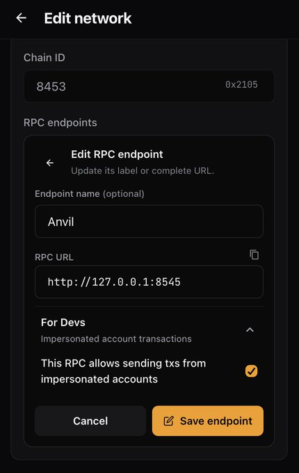 A mobile app screenshot showing an 'Edit network' interface with Chain ID 8453 (0x2105), an Edit RPC endpoint dialog for 'Anvil' at http://127.0.0.1:8545, with options for impersonated account transactions.