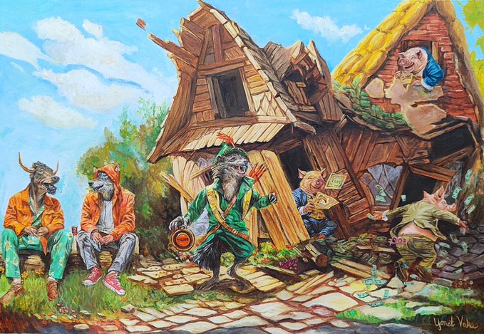 A whimsical painting of anthropomorphic animals including bulls, an ostrich, a pig, and a boar in colorful clothing gathered around a rustic wooden house, signed by the artist.