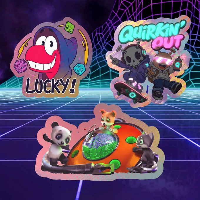 A retro synthwave-style graphic featuring three cartoon sticker designs labeled 'LUCKY!', 'QUIRKIN' OUT', and an unnamed sticker with a panda, cat, and skunk on a spaceship.