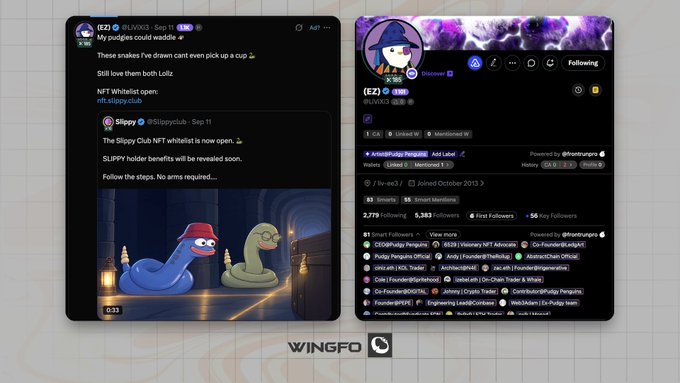 The image displays two side-by-side social media posts: one from "Lippy" announcing the Slippy Club NFT whitelist and teasing the reveal of a serpent character, and another profile page for "LiViXi3" featuring NFT-related collections and followers, supporting the post's claim of a collaboration with the Pudgy Penguins artist.